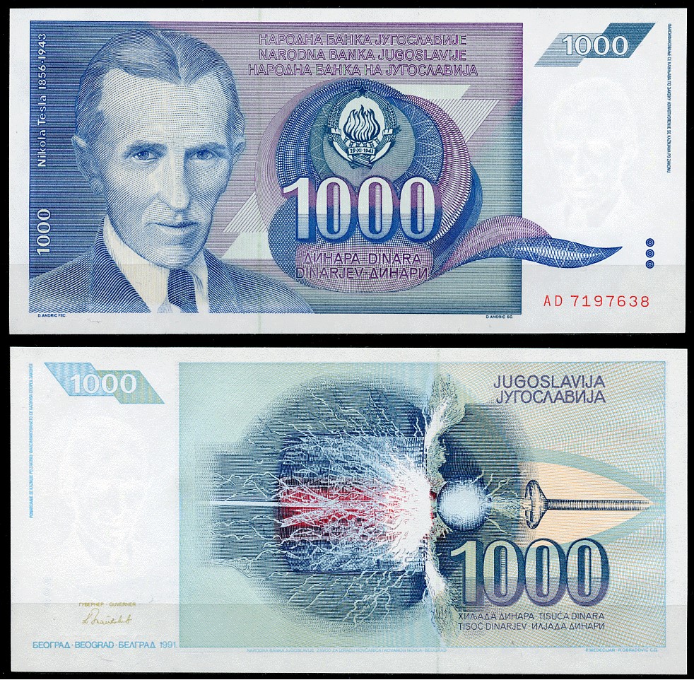 Югославия 1000 динаров 1991 Никола Тесла (1856-1943), высокочастотный трансформатор Pick 110 бумага UNC (пресс) 450-36-4-1