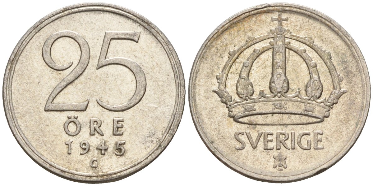 Швеция 25 эре 1945 G, Густав V (1907-1950) KM 816 серебро 4147-964