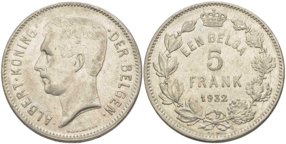 БЕЛЬГИЯ 5 ФРАНКОВ 1932 АЛЬБЕРТ I, DER BELGEN KM 98 никель 3851-415