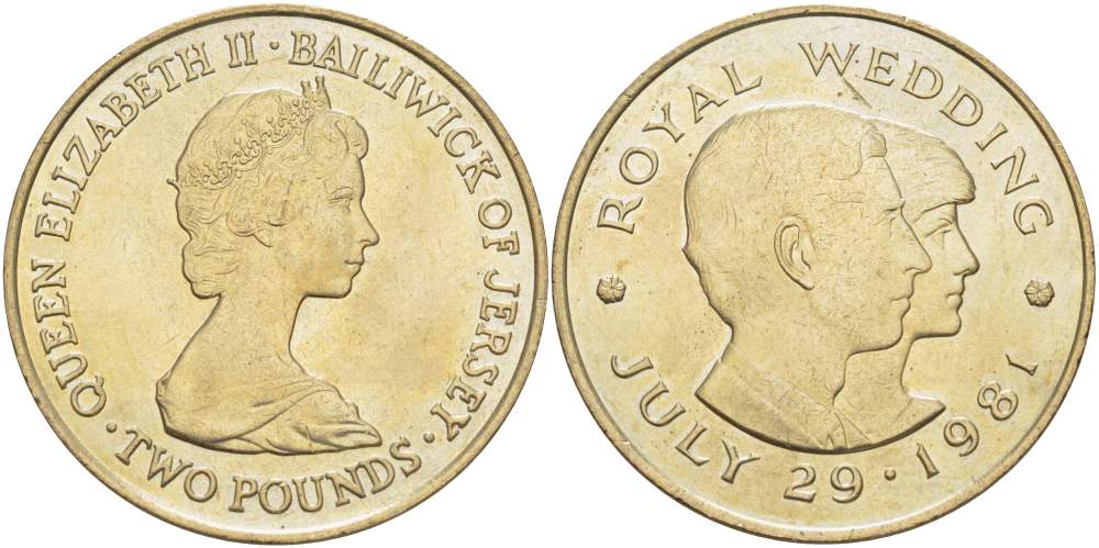 Джерси 2 фунта 1981 королевская свадьба принца Чарльза и леди Дианы Спенсер, 29 июля 1981 года KM 52 медно-никель 4527-232
