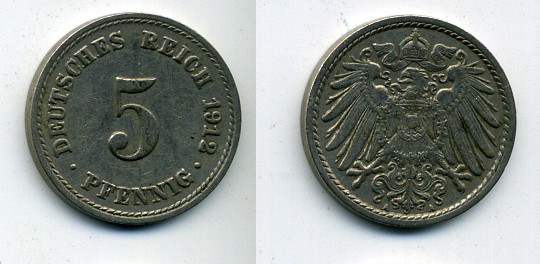 ГЕРМАНИЯ 5 ПФЕННИГОВ 1912 A, KM 11, J. 12 медно-никель 29-456