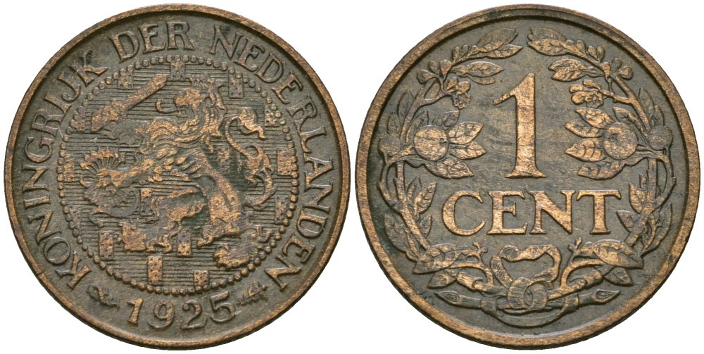 Нидерланды 1 цент 1925 Вильгельмина (1890-1948) KM 152 бронза 4576-1059
