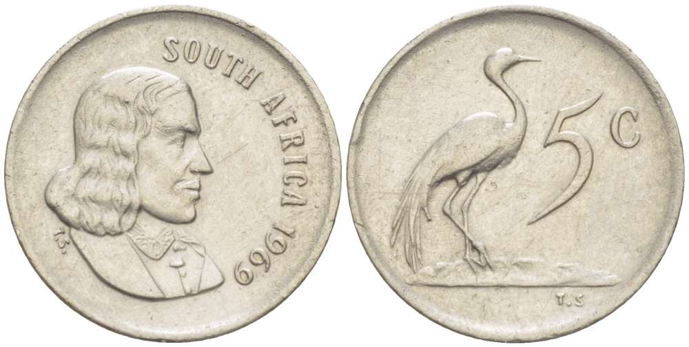 ЮАР 5 ЦЕНТОВ 1969 SOUTH, ЯН ВАН РИБЕК (1619-1677), ГОЛАНДСКИЙ ИССЛЕДОВАТЕЛЬ , МОРЕПЛАВАТЕЛЬ, ОСНОВАТЕЛЬ Г. КЕЙПТАУНА, РАЙСКИЙ ЖУРАВЛЬ KM 67.1 никель 4516-732