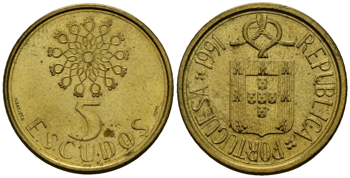 Португалия 5 эскудо 1991 KM 632 никель латунь 4172-141