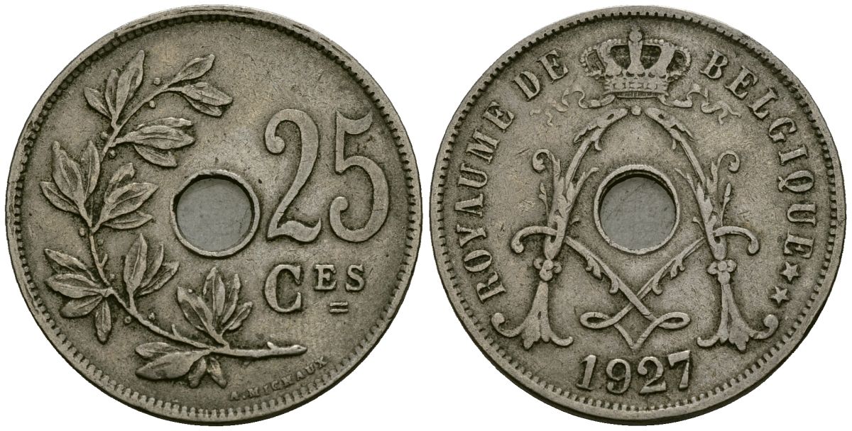 Бельгия 25 сантимов 1927 Belgique KM 68 медно-никель 4165-522