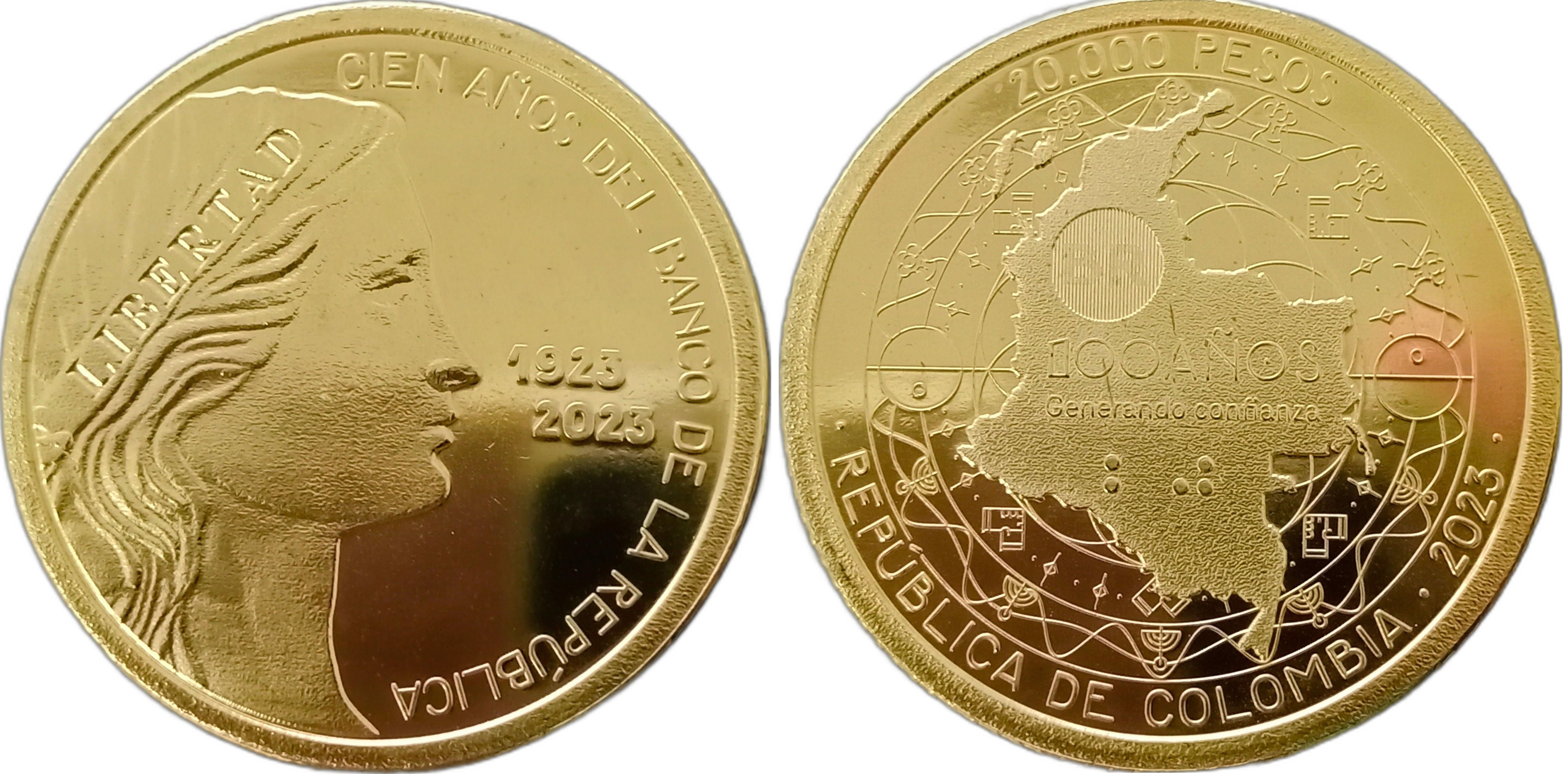Колумбия 20000 песо 2023 100 лет основания Центрального банка, сертификат, оригинальная упаковка KM NEW латунь  PROOF  3-4-2-12