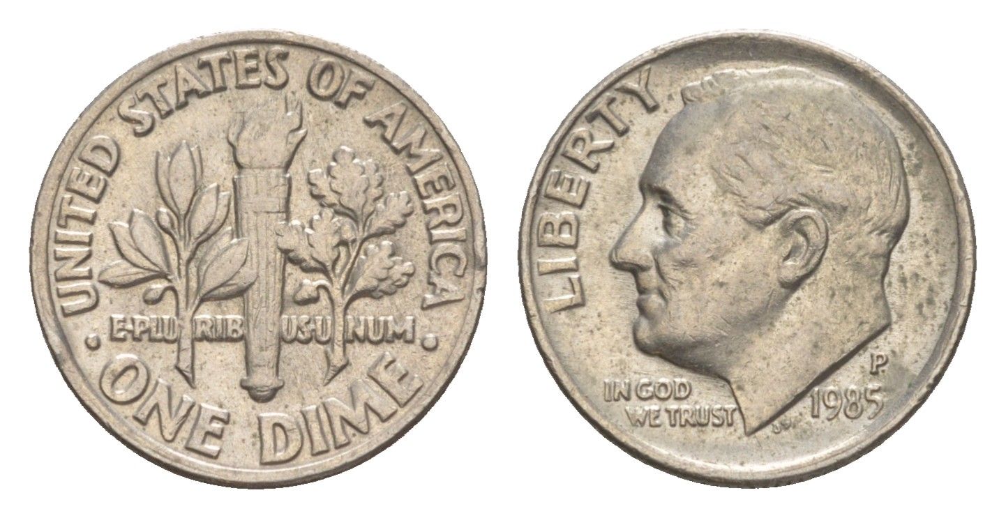 США 1 дайм (10 центов) 1985 P, президент Рузвельт KM 195a медь плакированная медно-никелем 4649-1249