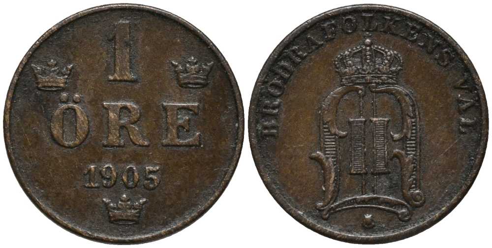 Швеция 1 эре 1905 Оскар II (1872-1907) король Швеции и Норвегии KM 750 бронза 201-1126