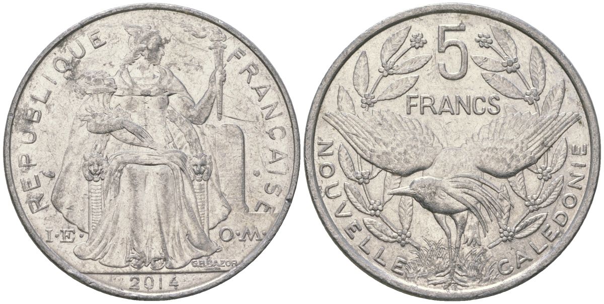 Французская Новая Каледония 5 франков 2014 птица кагу, (IEOM) KM 16, Schoen 12, Lec 81k алюминий 4117-445