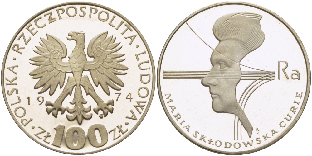 Польша 100 злотых 1974 MW, 40 лет со дня смерти Марии Склодовской-Кюри (1867-1934) KM 71, Parchimowicz 270 серебро PROOF 1087-5-63