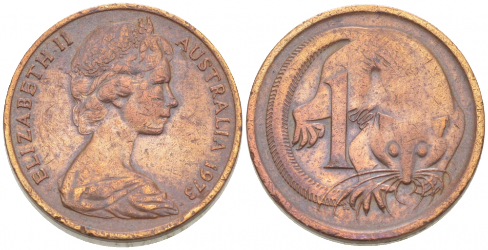 Австралия 1 цент 1973 Елизавета II (1952-2022), молодой портрет, опоссум KM 62 бронза 3955-454