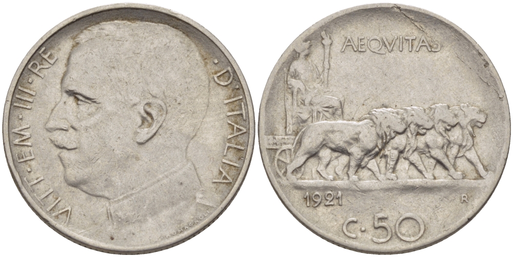 ИТАЛИЯ 50 ЧЕНТЕЗИМО 1921 R, ВИКТОР ИМАНУИЛ III, РУБЧАТЫЙ ГУРТ KM 61.2 никель 24-326