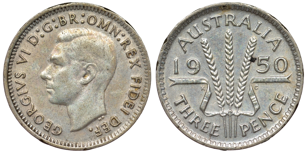 Австралия 3 пенса 1950 m, Георг VI (1937-1952), без букв KM 44 серебро 71-148