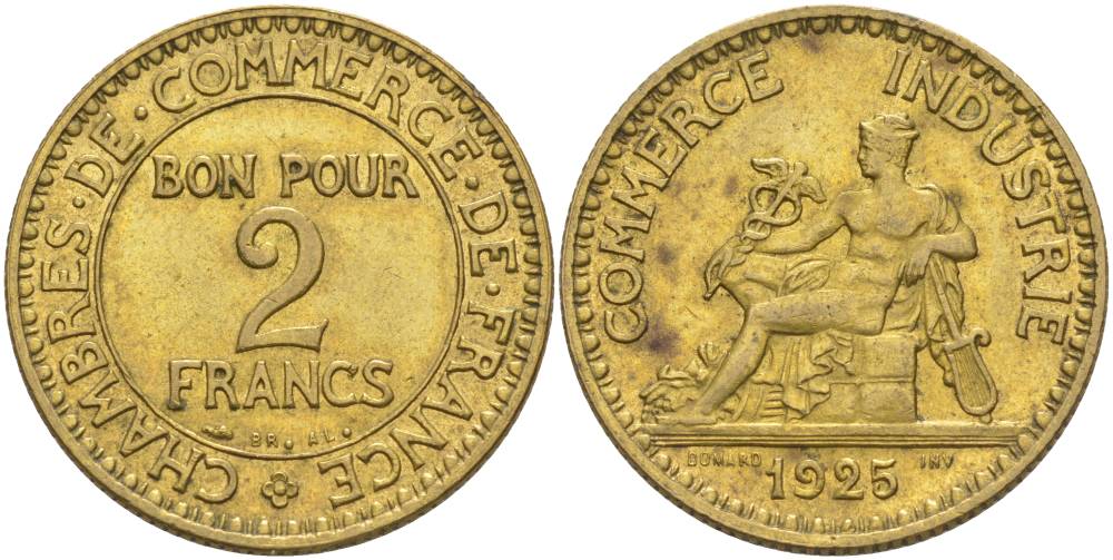 ФРАНЦИЯ 2 ФРАНКА 1925 ТИП CHAMBRES DE COMMERCE KM 877, LE FRANC 267.7 алюминиевая бронза 69-1216