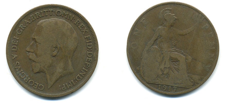 Великобритания 1 пенни 1917 Георг V (1910-1936) КМ 810, Spink 4051 бронза 4110-136
