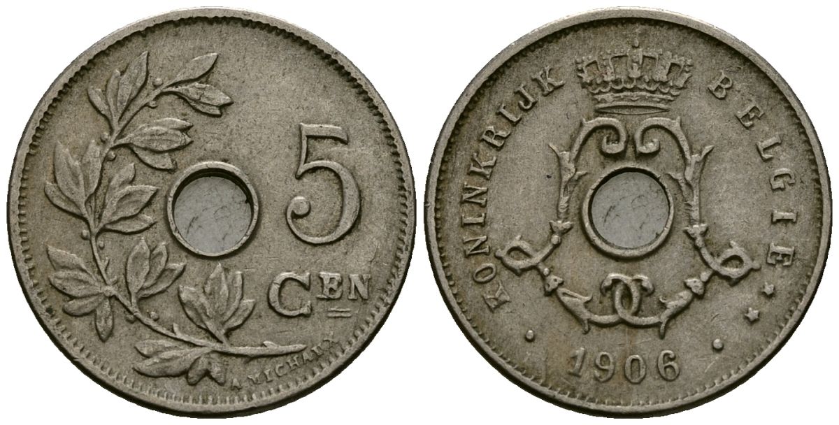 Бельгия 5 сантимов 1906 Belgie, Леопольд II (1865-1909) KM 55 медно-никель 4173-153