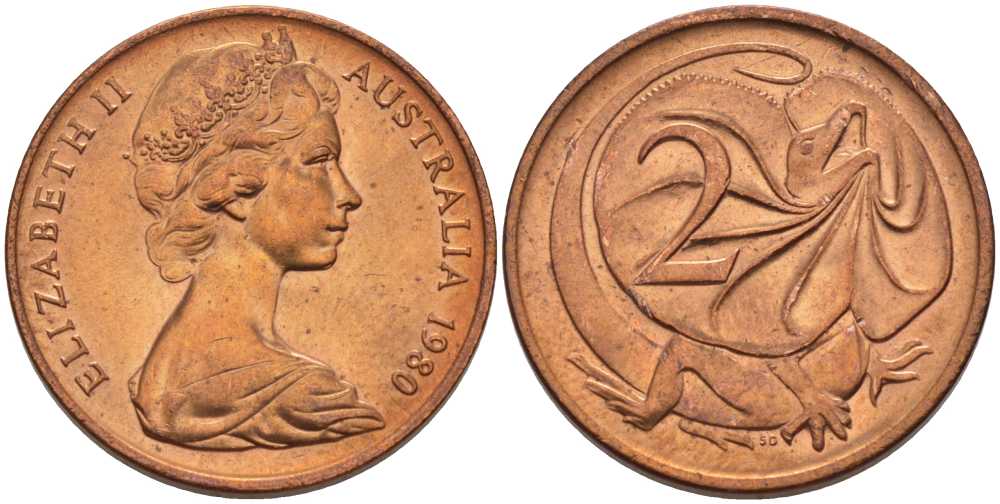 АВСТРАЛИЯ 2 ЦЕНТА 1980 ЕЛИЗАВЕТА II, МОЛОДОЙ ПОРТРЕТ, ПЛАЩЕНОСНАЯ ЯЩЕРИЦА (FRILLED LIZARD) KM 63 бронза UNC 4385-926