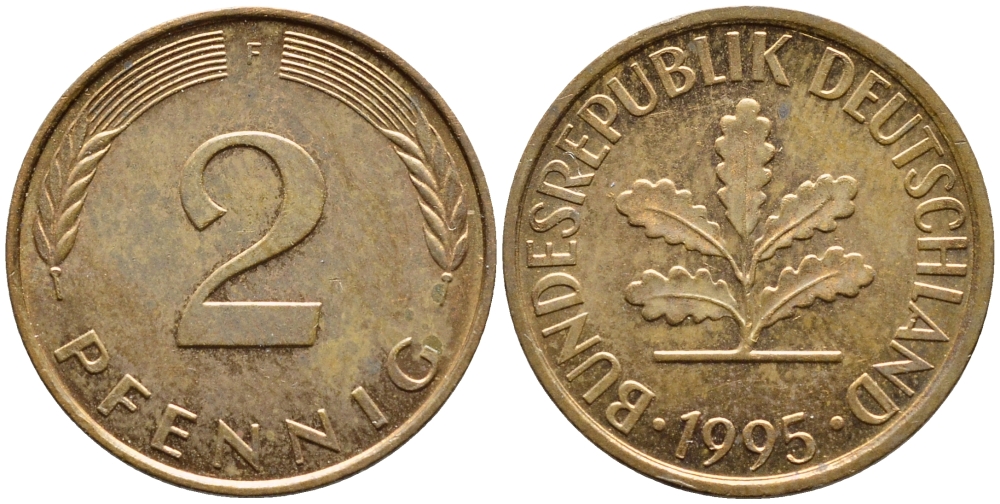 ФРГ 2 ПФЕННИГА 1995 F KM 106a, J.381a сталь плакированная сталь плакированная медьюю 4392-1037