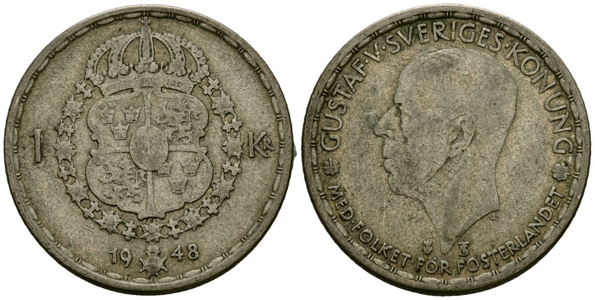 Швеция 1 крона 1948 TS, Густав V (1907-1950) KM 814 серебро 4177-952