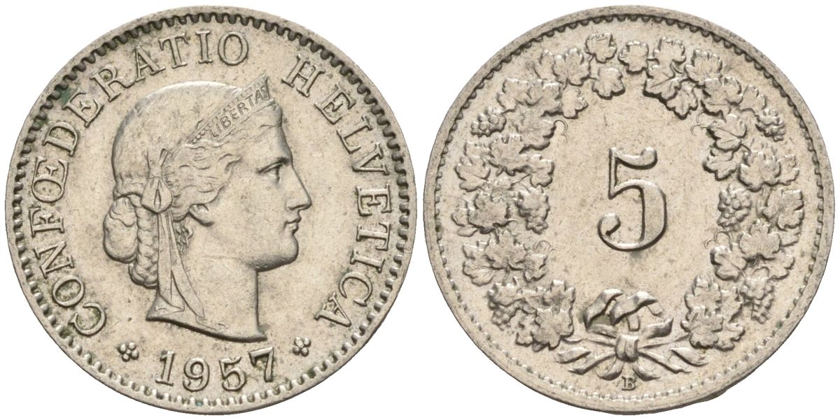 Швейцария 5 раппенов 1957 B KM 26 медно-никель 4608-446