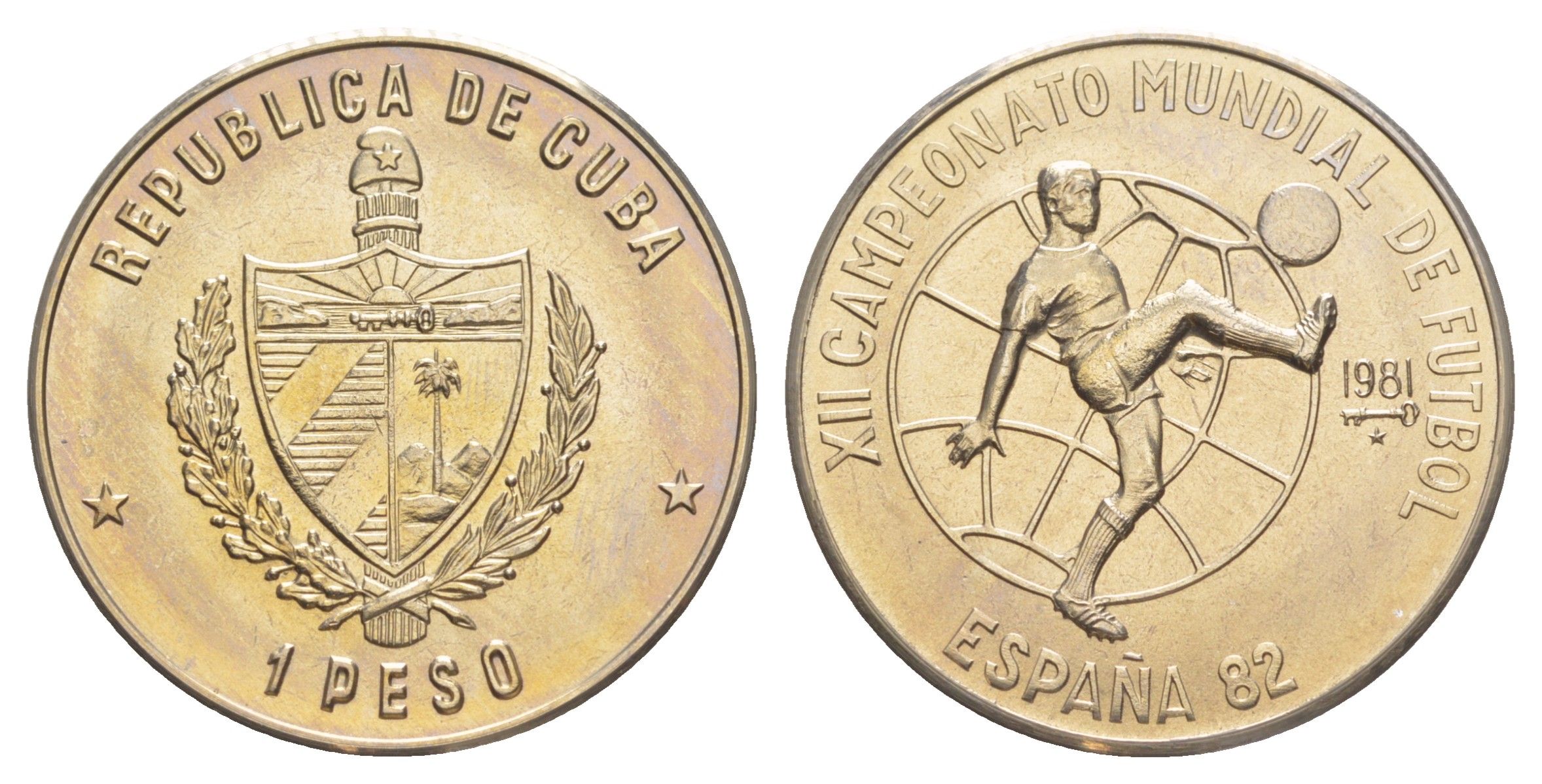 Куба 1 песо 1981 Чемпионат мира по футболу 1982, Испания, тираж 10.000 экземпляров KM 58 медно-никель BU 1079-9-61