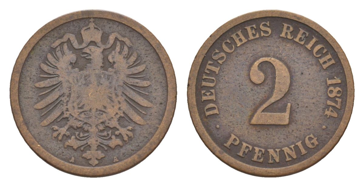 Германия 2 пфеннига 1874 A, Вильгельм I (1871-1888) KM 2, J. 2 медь 51-2644