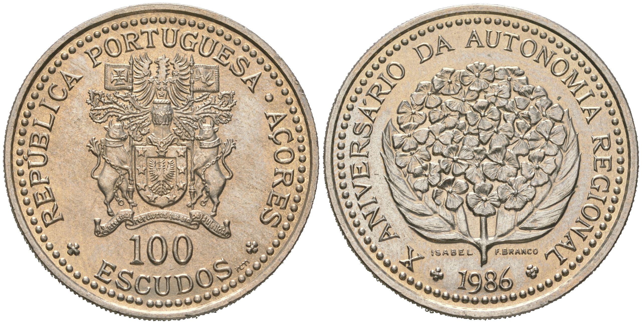 Португалия 100 эскудо 1986 10 лет автономии Азорских островов KM 45 медно-никель UNC 4140-423