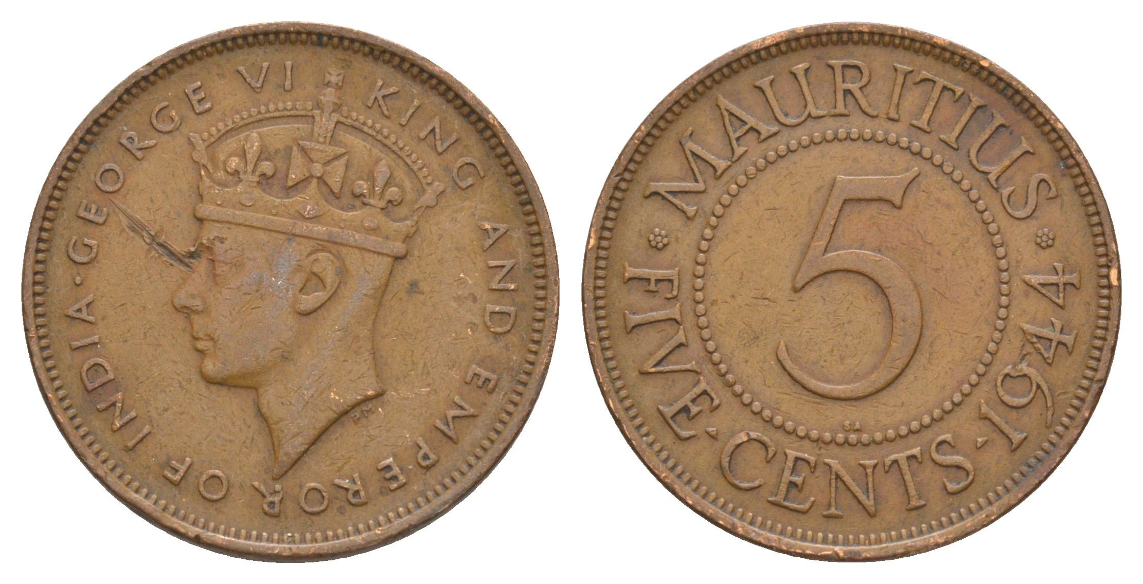 Маврикий 5 центов 1944 KM 20 бронза 4637-227