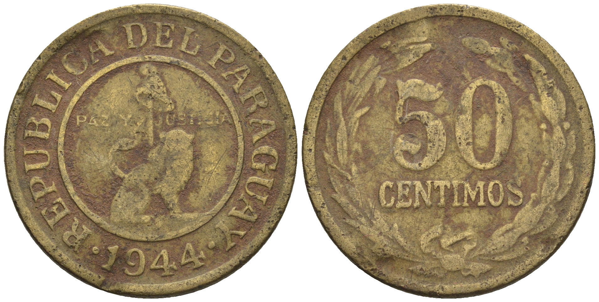 Парагвай 50 сентимо 1944 лев, фригийский колпак на шесте KM 24 алюминиевая бронза    4177-834