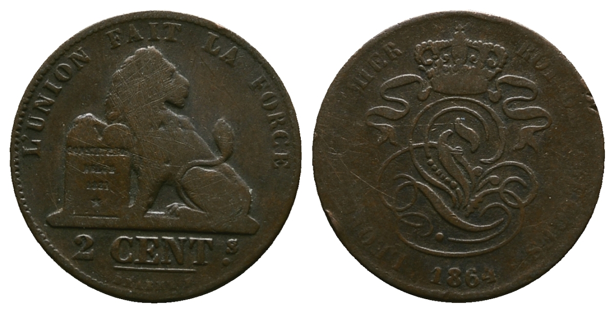 БЕЛЬГИЯ 2 САНТИМА 1864 BELGES KM 4.2 медь 261-1045