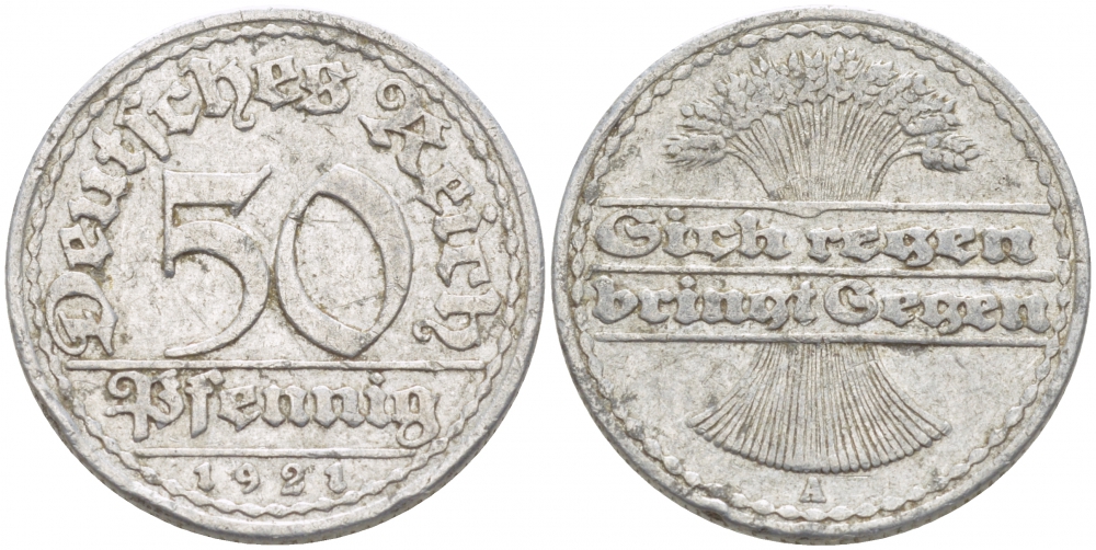 Германия 50 пфеннигов 1921 A KM 27, J.301, Weege 10 алюминий 77-953