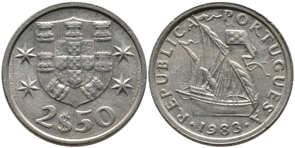 Португалия 2,5 эскудо 1983 парусник KM 590 медно-никель 99-1162