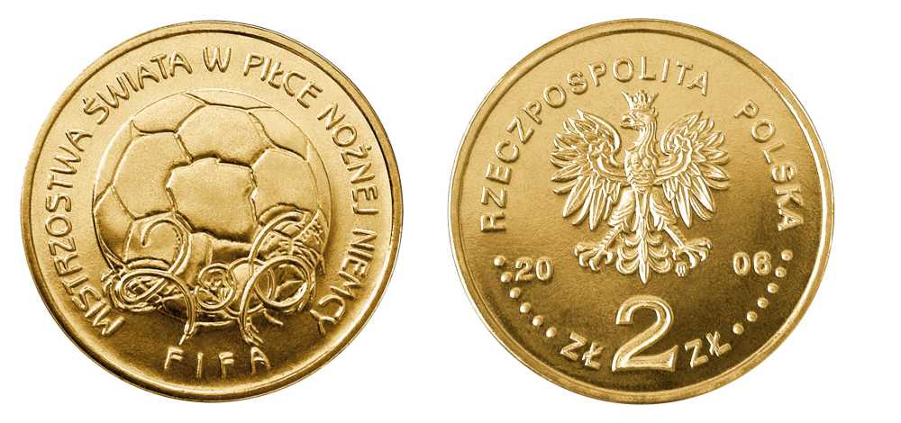 Польша 2 злотых 2006 MW, чемпионат мира по футболу, Германия 2006, FIFA KM 606, Parchimowicz 992 латунь UNC 603-1225