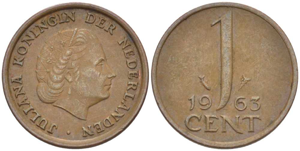 Нидерланды 1 цент 1963 Юлиана (1948-1980) KM 180 бронза 66-917