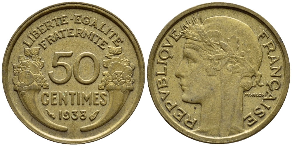 ФРАНЦИЯ 50 САНТИМОВ 1938 KM 894.1 алюминиевая бронза 26-528