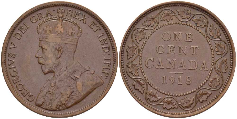 Канада 1 цент 1918 Георг V (1910-1936), большой формат KM 21 бронза 117-926