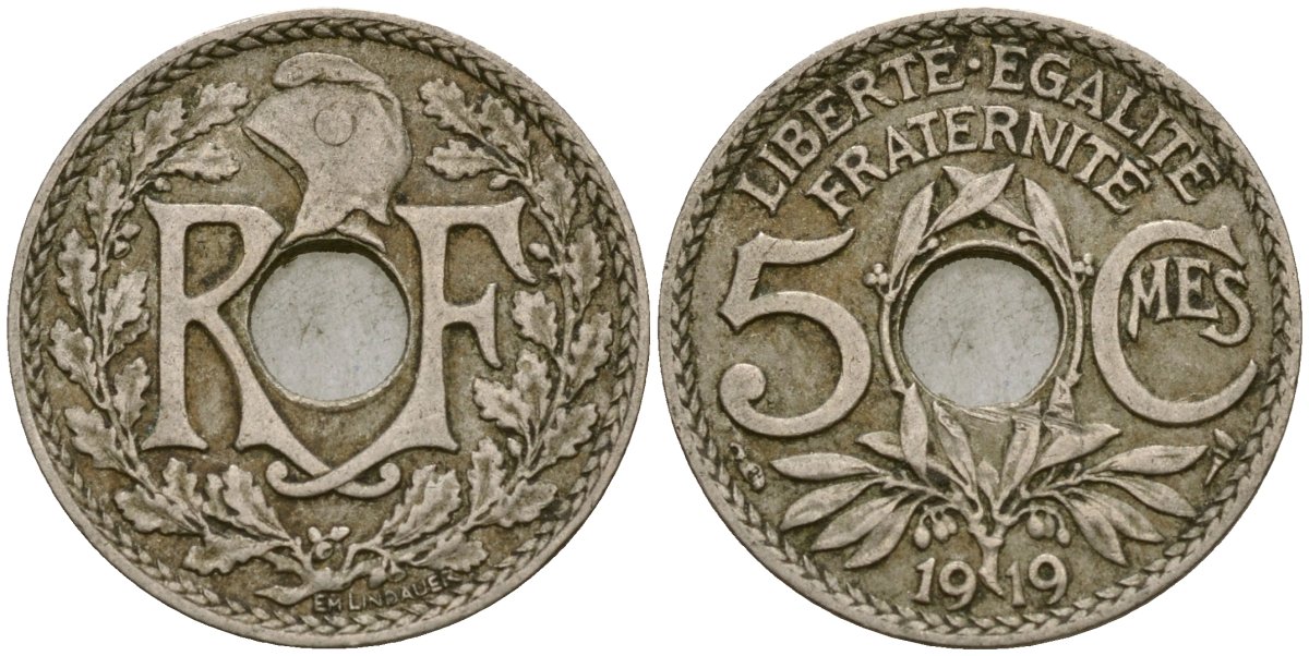 Франция 5 сантимов 1919 тип Линдайё KM 865, Le Franc 121.3 медно-никель 4164-239