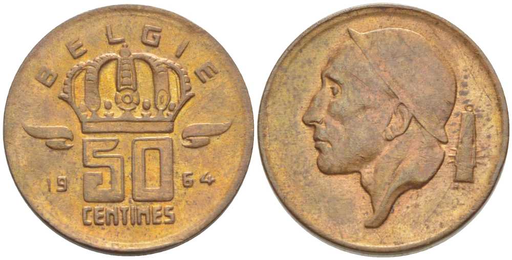 БЕЛЬГИЯ 50 САНТИМОВ 1964 BELGIE, БОДУЭН I (1951-1993) KM 149.1 бронза 206-143