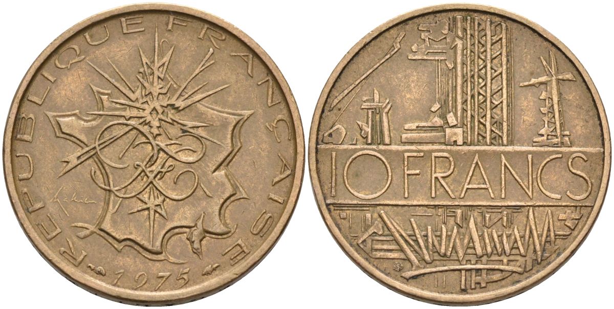 Франция 10 франков 1975 тип Матье KM 940, Le Franc 365.5-6 никель латунь 4593-543