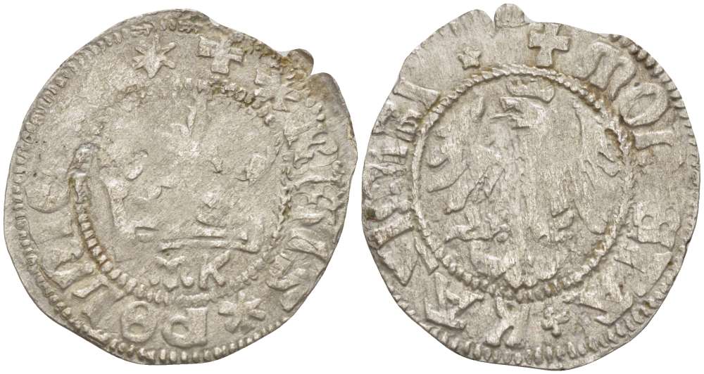 Польша 1/2 гроша (полугрош) 1445-1492 Казимир IV династия Ягеллонов (1442-1495), вес 1,38 гр., под короной МК Gum. v451 серебро 1517-521