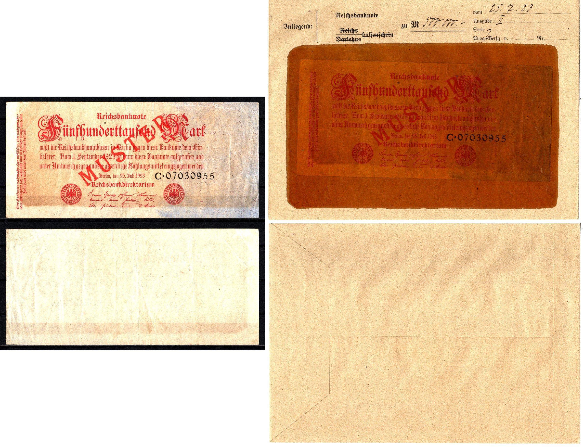 Германия 500000 марок 1923 25 июля, MUSTER, образец, Specimen. В оригинальном банковском конверте. Из коллекции Отто Сейфферта (помощник Ялмара Шахта - министра экономики Германии и президента Рейхсбанка времен третьего рейха) Pick 92 s, Grabowski DEU 103
