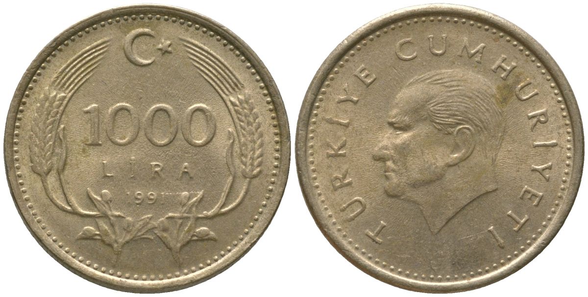 Турция 1000 лир 1991 Кемаль Ататюрк KM 997 медь цинк никель 4561-513