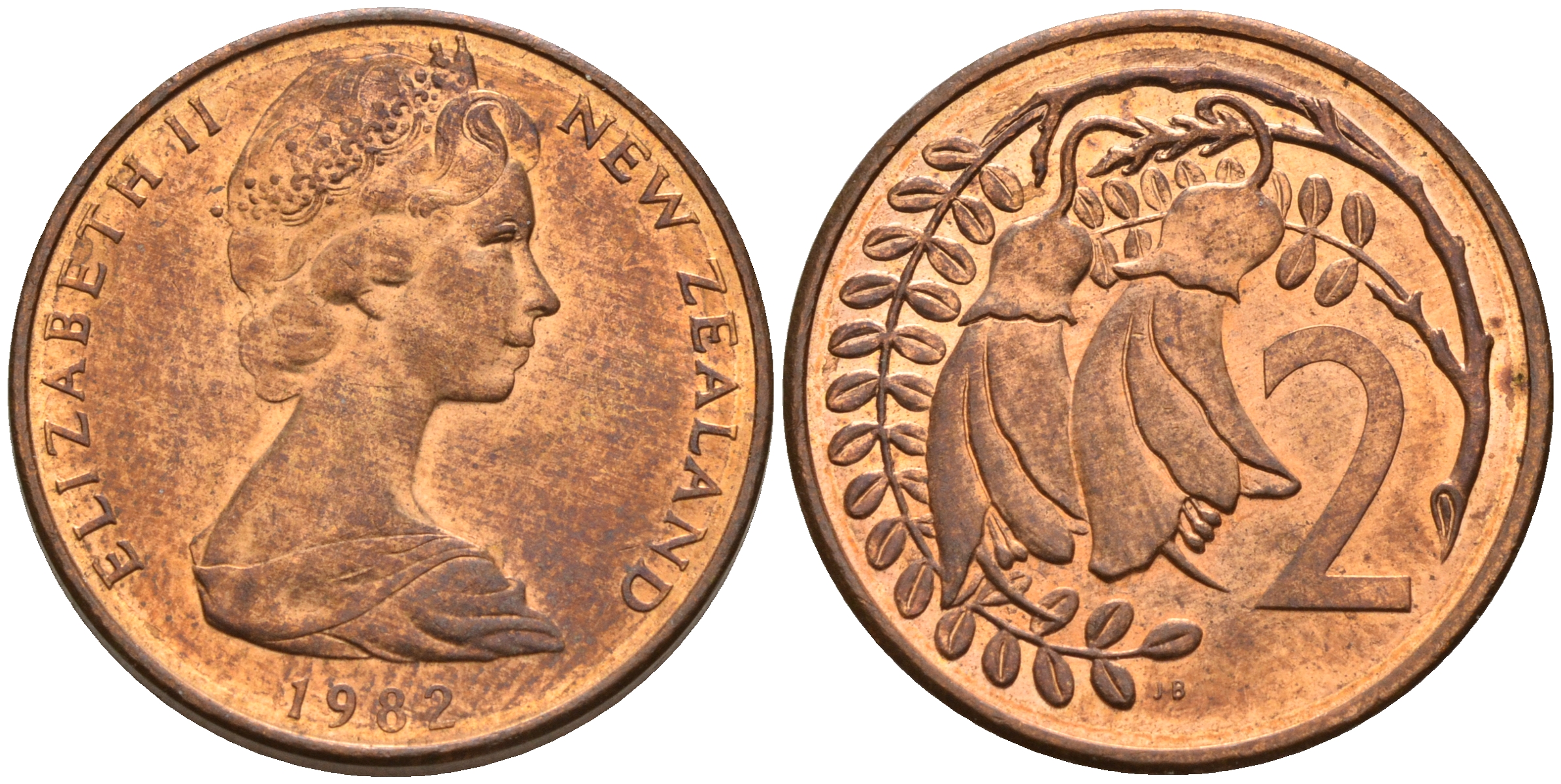 Новая Зеландия 2 цента 1982 Елизавета II (1952-2022), два цветка кохаи KM 32.1 бронза    4602-647