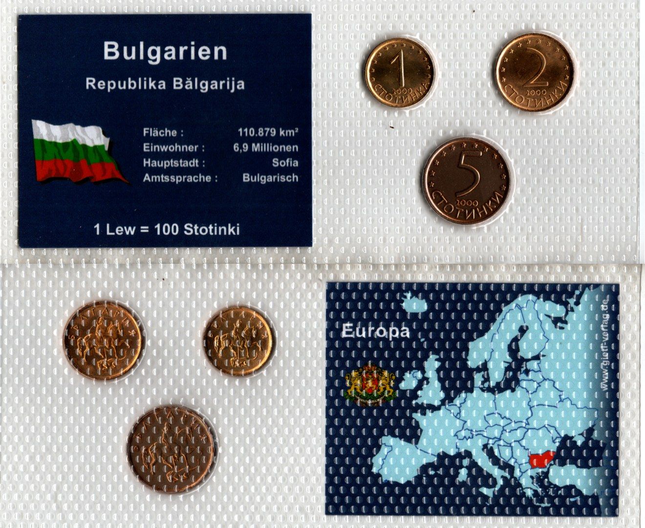 Болгария набор из 3 монет (1, 2 и 5 стотинок) 2000 в красочной упаковке с информацией о стране KM 237a, 238a и 239a UNC 3-4-1-559