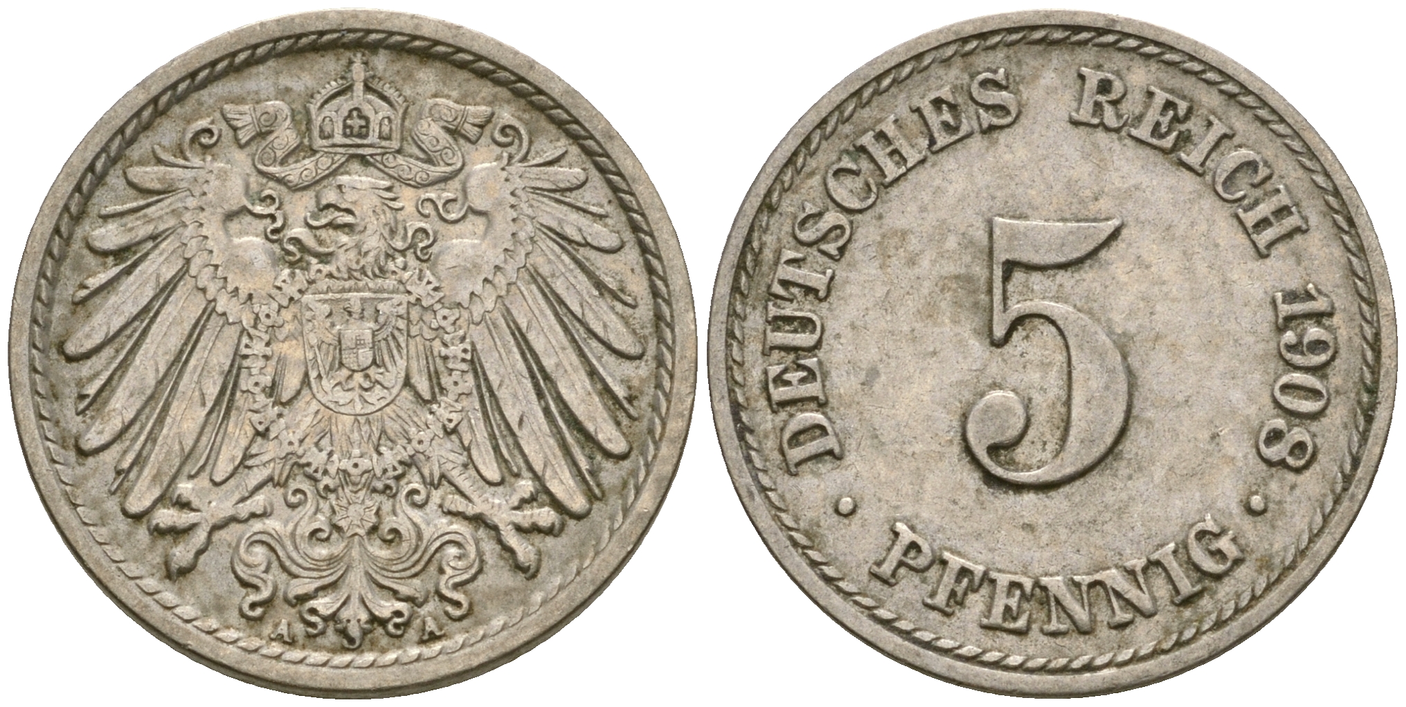 Германия 5 пфеннигов 1908 A KM 11, Jager 12, Weege 6 медно-никель 4364-4531