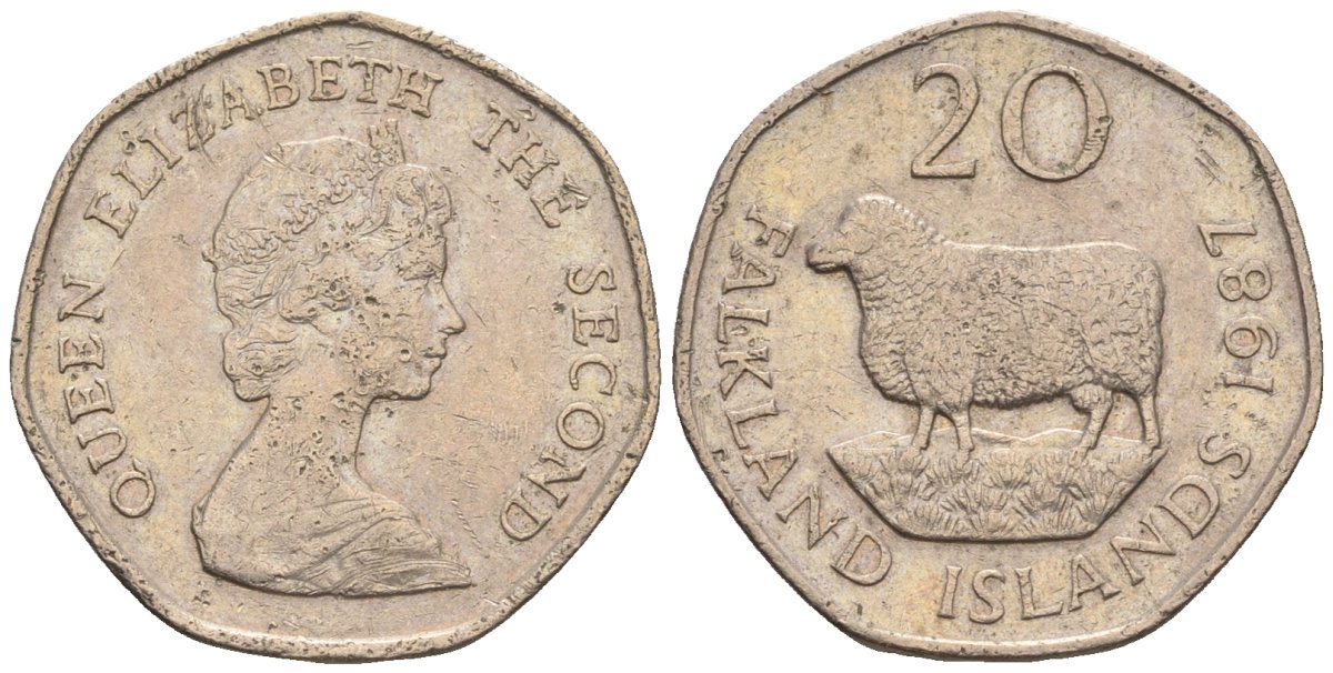 Фолклендские острова 20 пенсов 1987 Елизавета II (1952-2022), овца Ромни-марш KM 17 медно-никель 87-152