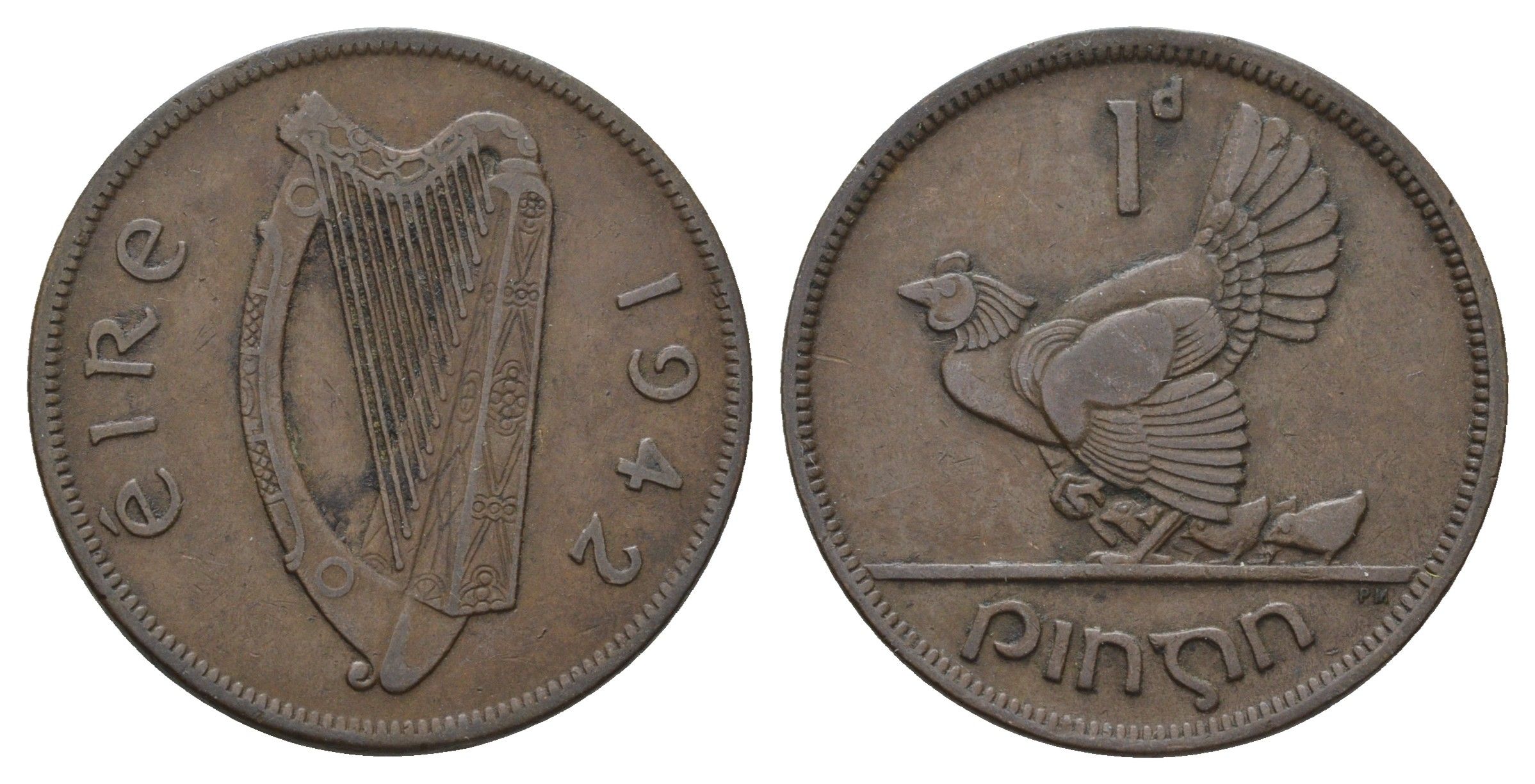 Ирландия 1 пенни 1942 курица с цыплятами KM 11 бронза 4672-735