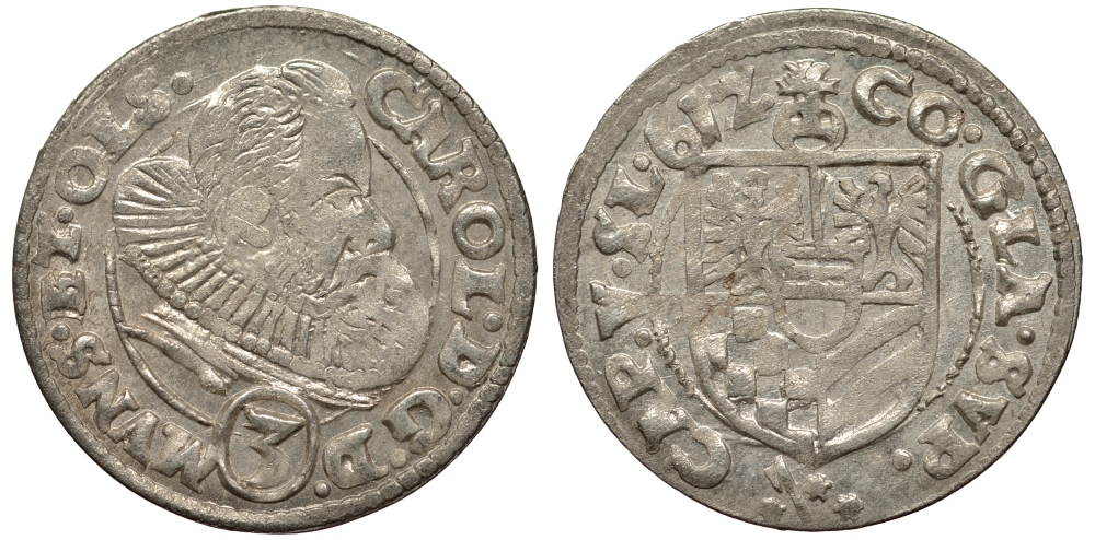 Силезия, Мюнстерберг, Олесница грошен (3 крейцера) 1612 Карл II серебро 413-1114