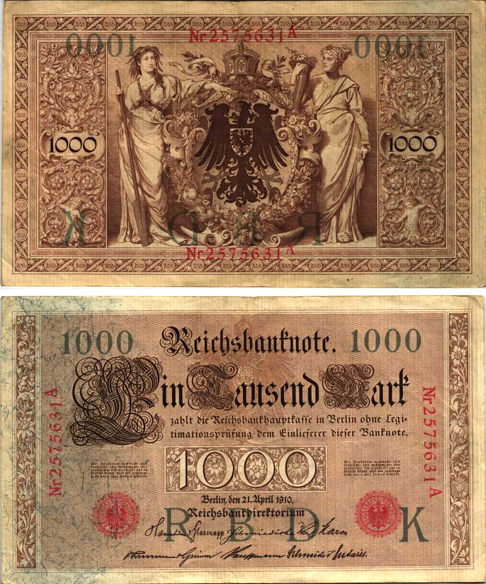 ГЕРМАНИЯ 1000 МАРОК 1910 21 АПРЕЛЯ 1910, СЕМИЗНАЧНЫЙ НОМЕР, СЕРИЯ А Pick 44b бумага 8610-3-1