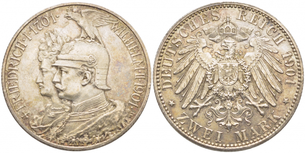 Пруссия 2 марки 1901 A, 200 лет Прусской королевской династии (Фридрих I - Вильгельм II) J.105, Weege 105, KM 525 серебро 272-1045